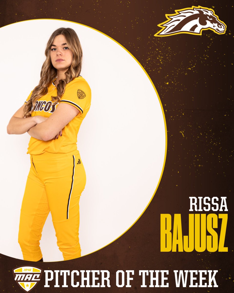 WMUSoftball's tweet photo. Congratulations to @rissabajusz on earning her second MAC Pitcher of the Week honor of the season!

📰 https://t.co/XvCTT8lMhY

#BroncosReign https://t.co/pdL5Z3jURy