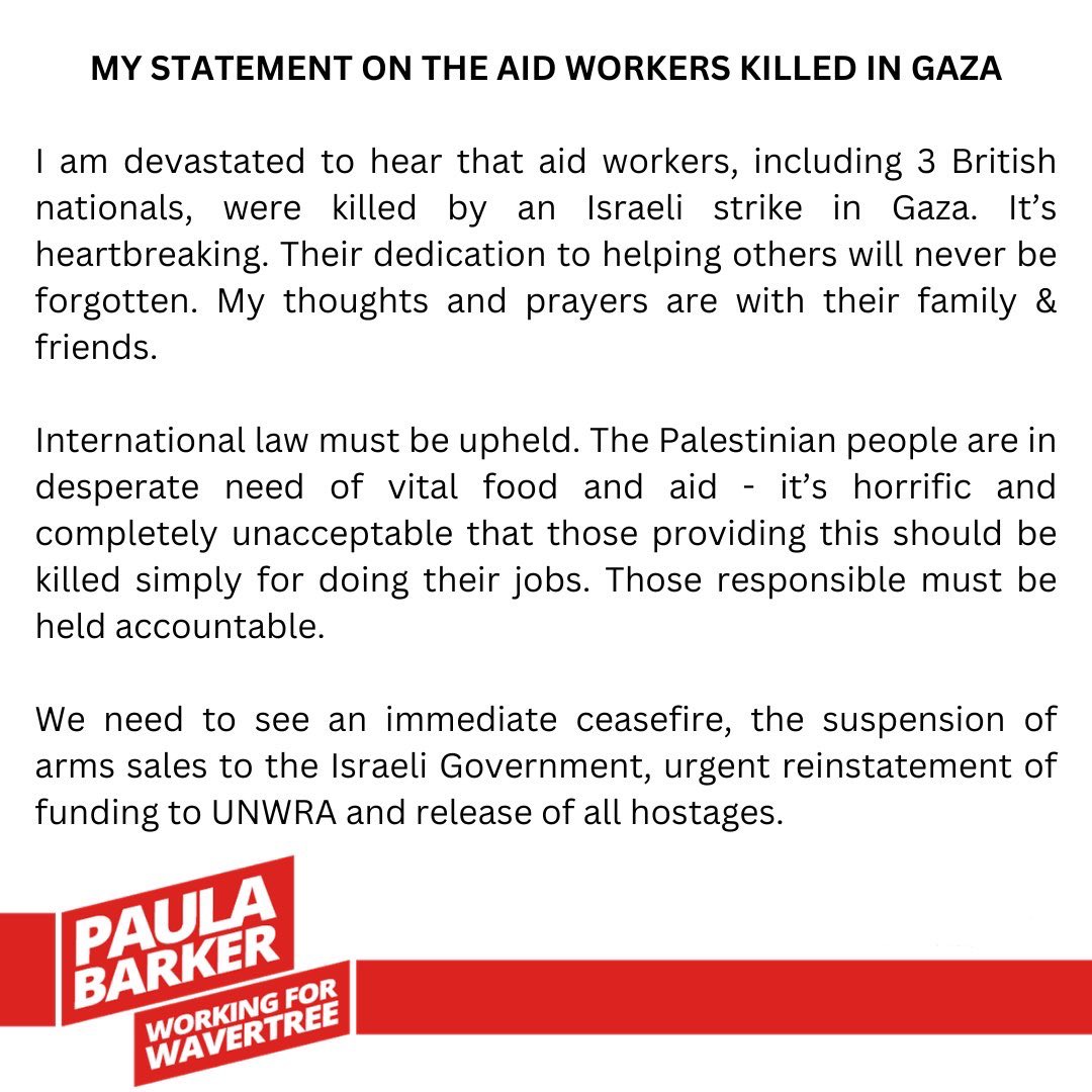 My statement on the aid workers killed in Gaza.