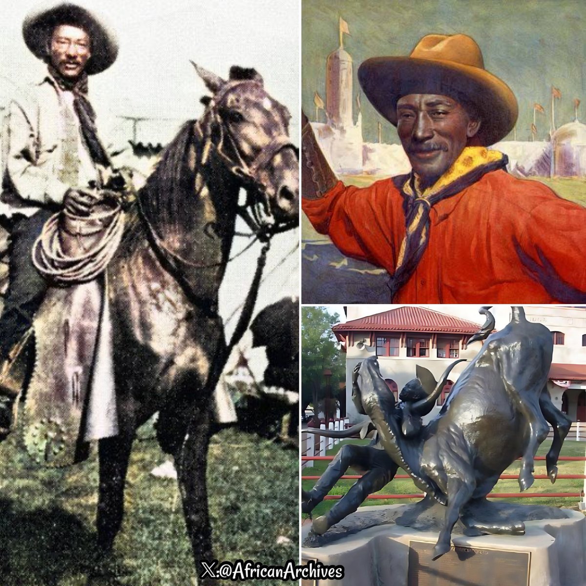 On this day in 1932 World famous black cowboy Bill Pickett 'Dusky Demon' died. He invented the rodeo sport, bulldogging (steer wrestling) One in four of America’s cowboys were Black. Many of the slaves were familiar with cattle herding from their homelands of West Africa THREAD