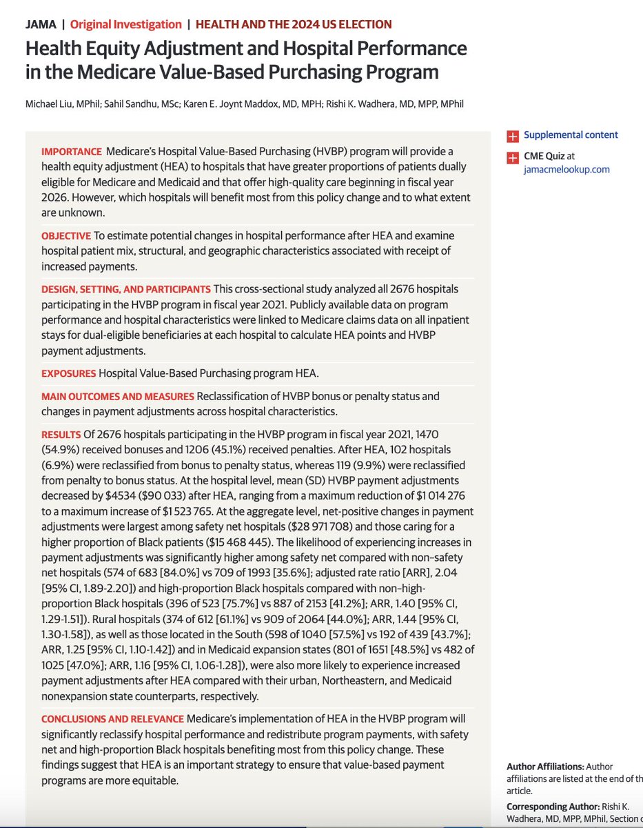 In @JAMA_current, we evaluate how a new health equity adjustment will impact performance and payments for nearly 3,000 US hospitals in the Value-Based Purchasing program, one of Medicare's cornerstone quality initiatives. jamanetwork.com/journals/jama/…