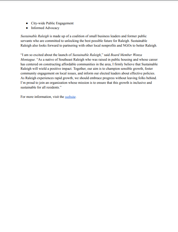 A new 501(c4) nonprofit organization, Sustainable Raleigh, has been formed to promote sustainable growth policy in Raleigh, NC. 

We can't afford for progress to stall. 

Learn more at: sustainableraleigh.org!
 
#RalPol #RaleighNC #SustainableRaleigh