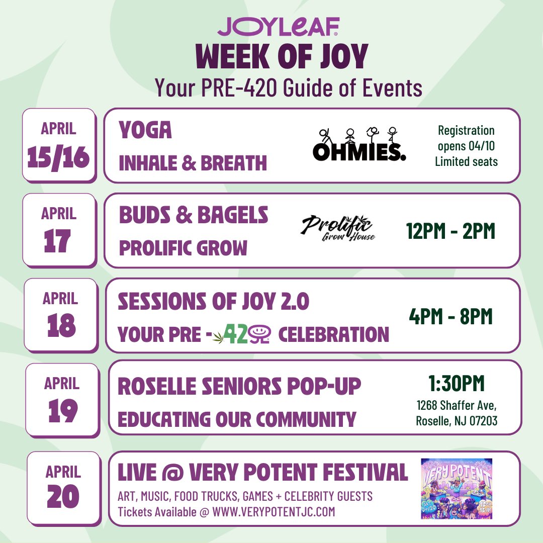 joyleafnj's tweet photo. Ready to Experience a Week of Joy? Join us for a lineup of events and celebrations as we gear up for the ultimate 420 pre-party. Donโt miss out on high vibes and good times!
More details coming soon.๐
#joyleaf #joyleafroselle #weekofjoy #sessionsofjoy https://t.co/dZyXtpOPxR