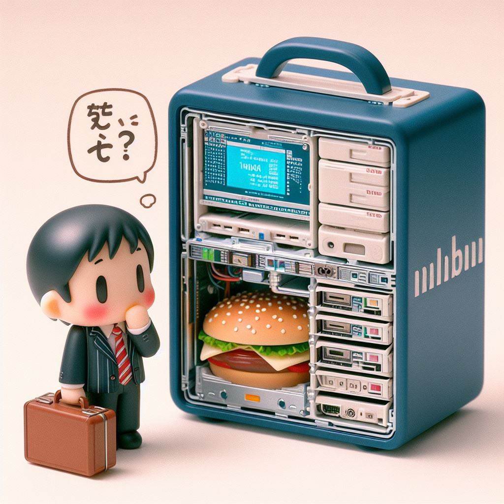 srcruiser's tweet photo. “100万円のサーバーを買った後にミニ #パソコン を買い、ミニパソコンを中身を抜いて弁当箱に使うか悩む、白髪で長髪の男児VTuber”を #BingImageCreator に🖼️🖌️🤖#AI画像生成 させたら #カラオケボックス 代わりに #マック🍔の #PC を持ち歩く絵になるわし😹#AIart #AIguy #Macmeme #DALLE3 #dalle3art https://t.co/3D2gY66rpc