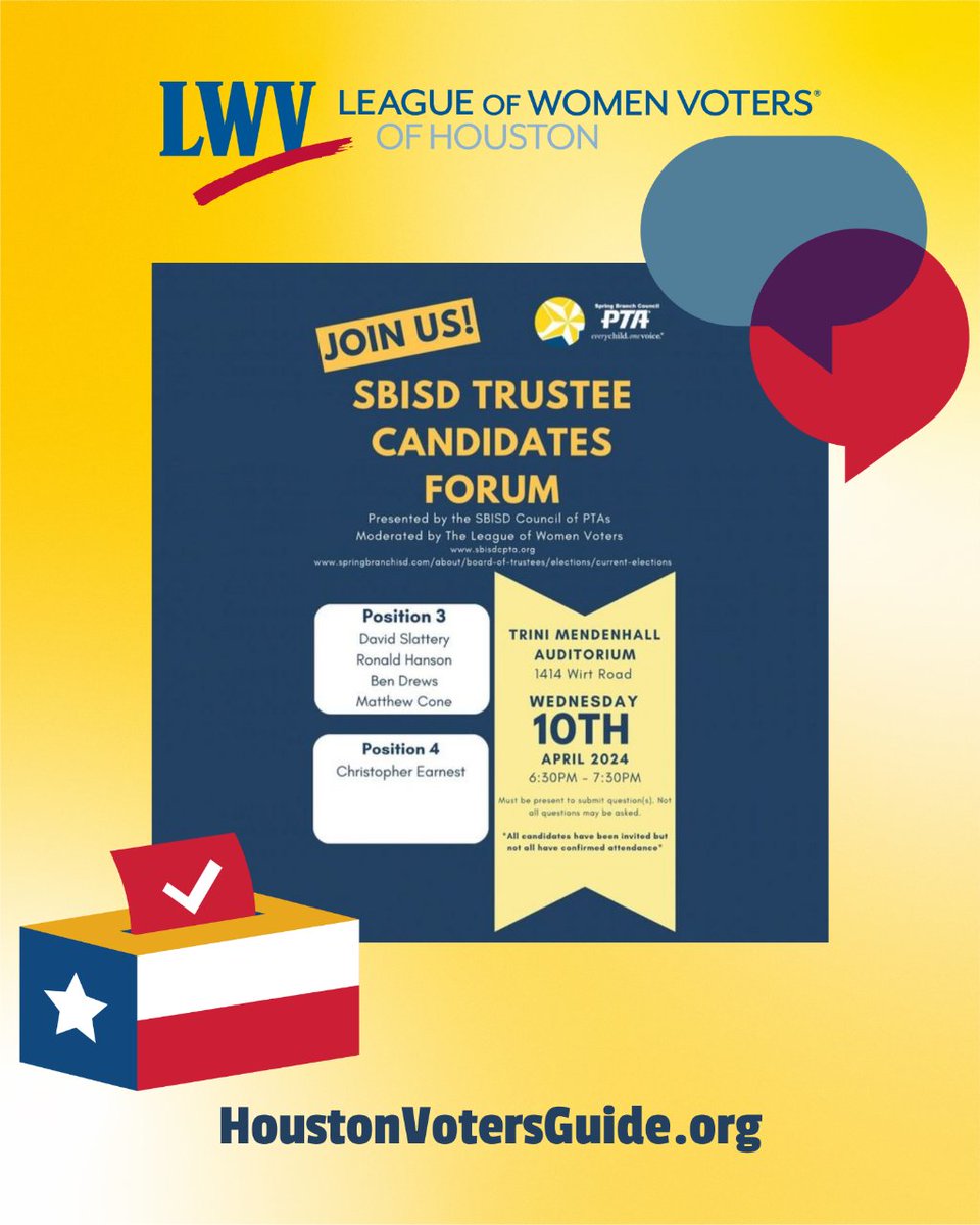 We are looking forward to moderating this event hosted by @sbisdcpta! Trustee responsibilities include establishing SBISD policy and goals, monitoring success, adopting a budget and setting a tax rate, and appointing the school superintendent. #lwvhouston #sbisd #springbranch