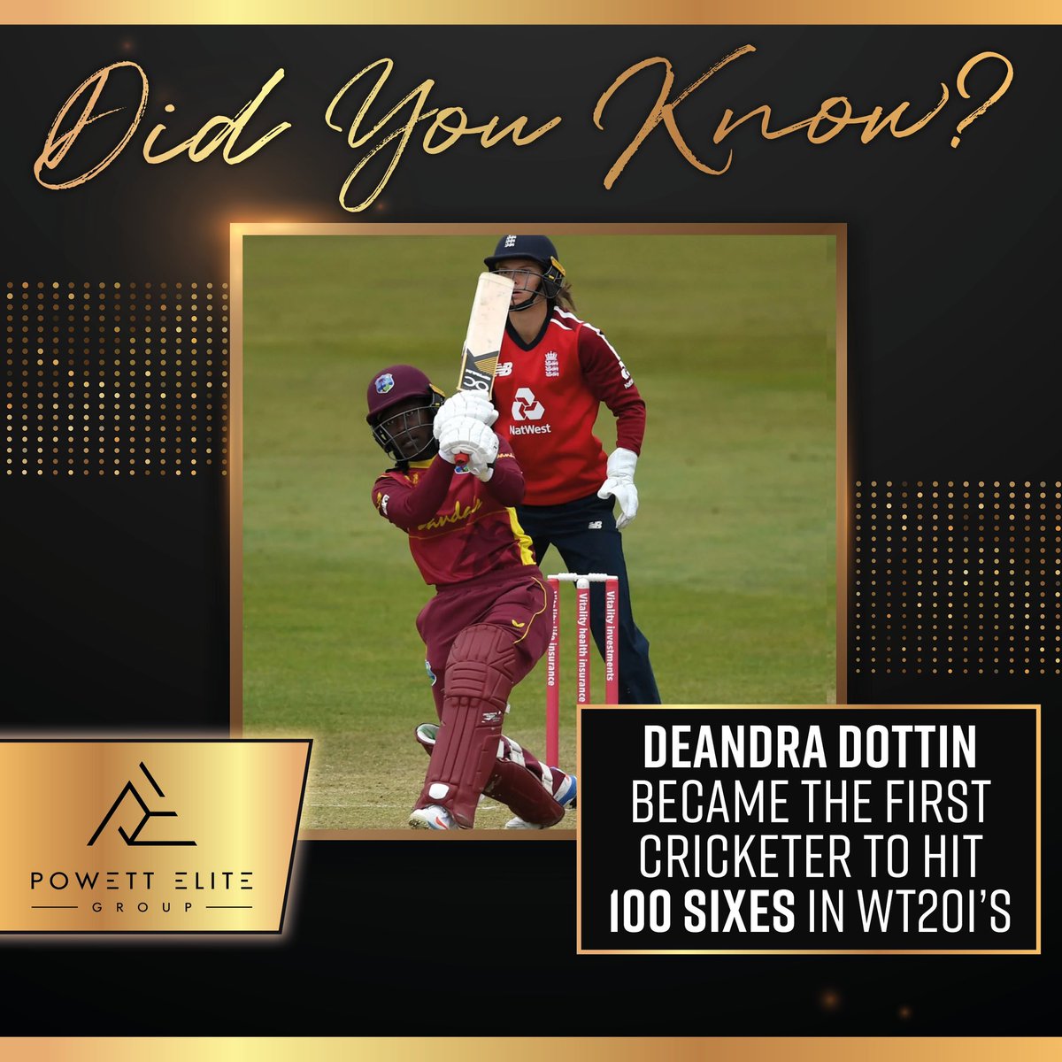 Powett_Elite's tweet photo. Did you know?? @Dottin_5 became the first cricketer to hit 100 sixes in WT20I’s 🏏💯
Deandra is definitely one of most destructive batters in the game! 🆘
.
.
.
.
.
.
.
.
.
.
#deandra #dottin #deandradottin #worldboss5 #worldboss #cricket #womenscricket #internationalcricket #internationalcricketer #windiescricket #windies #barbados #barbados🇧🇧 #barbadoscricket #barmyarmy #lancashire #lancashirethunder #fairbreak #fairbreakglobal #manchesteroriginals #t20 #t20cricket #wipl #icc #ipl #hundred #cricketer #cricketlover #didyouknow #cricketfacts