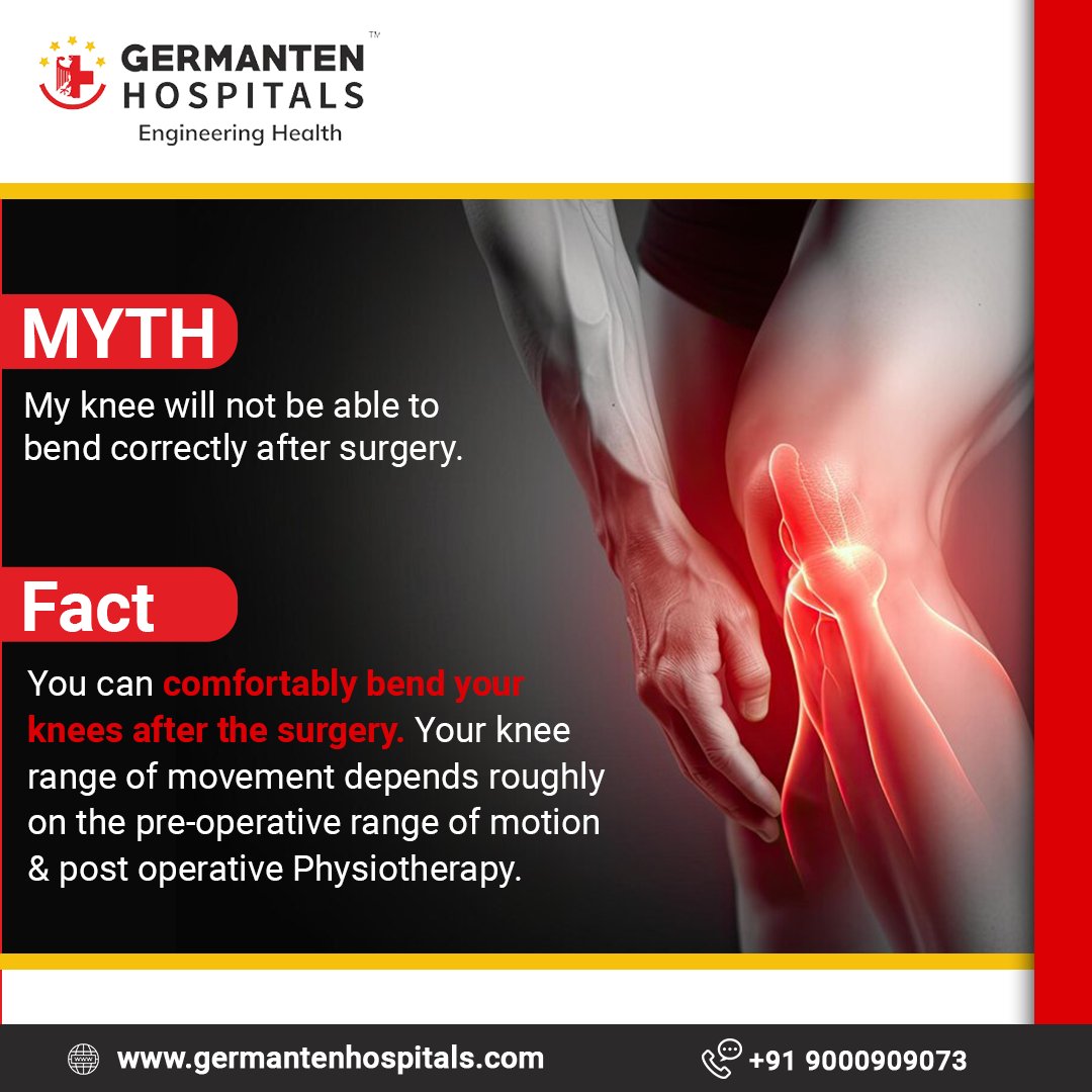 Germantenhospit's tweet photo. Bending the Truth About Knee Surgery! Myth: "My knee will be stuck straight after surgery!" ‍♀️  Fact: Bending is not off the menu! You can achieve good knee flexion with proper rehab after surgery. #jointhealth #hipimplants #bonehealth #Besthospitalinhyderabd #GermantenHospital https://t.co/fCWGfQ0KFB