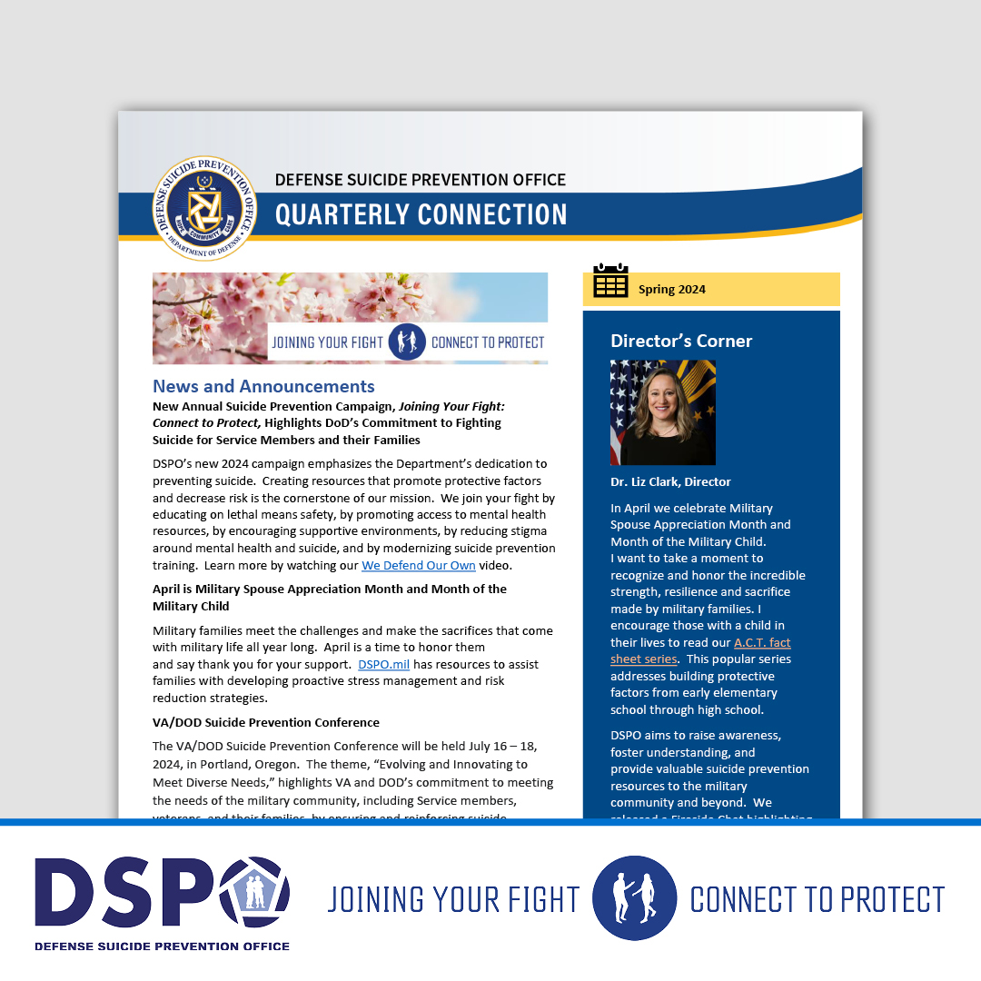 The spring Quarterly Connection newsletter is here!  Discover resources for military children and spouses/partners of Service members, safe PCS tips, and upcoming DSPO events like the VA/DOD Suicide Prevention Conference. bit.ly/4aejrNn
#ConnectToProtect