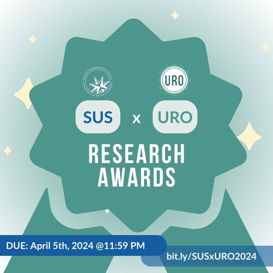 📣 Calling all UBC Science students with research to share! We want to recognize YOU for your hard work and dedication to your research field. 🗓️Application period: March 25th (6 PM) - April 5th (11:59 PM) 💫Application Form: bit.ly/SUSxURO2024