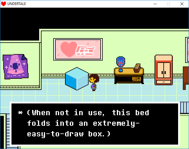 At one point in the development of Undertale, Temmie Chang was too busy to fully sprite Alphys' lab. Instead, she sketched the area, and Toby sprited over certain things. However, he didn't know how to draw a bed, so the game has an extremely easy-to-draw box instead