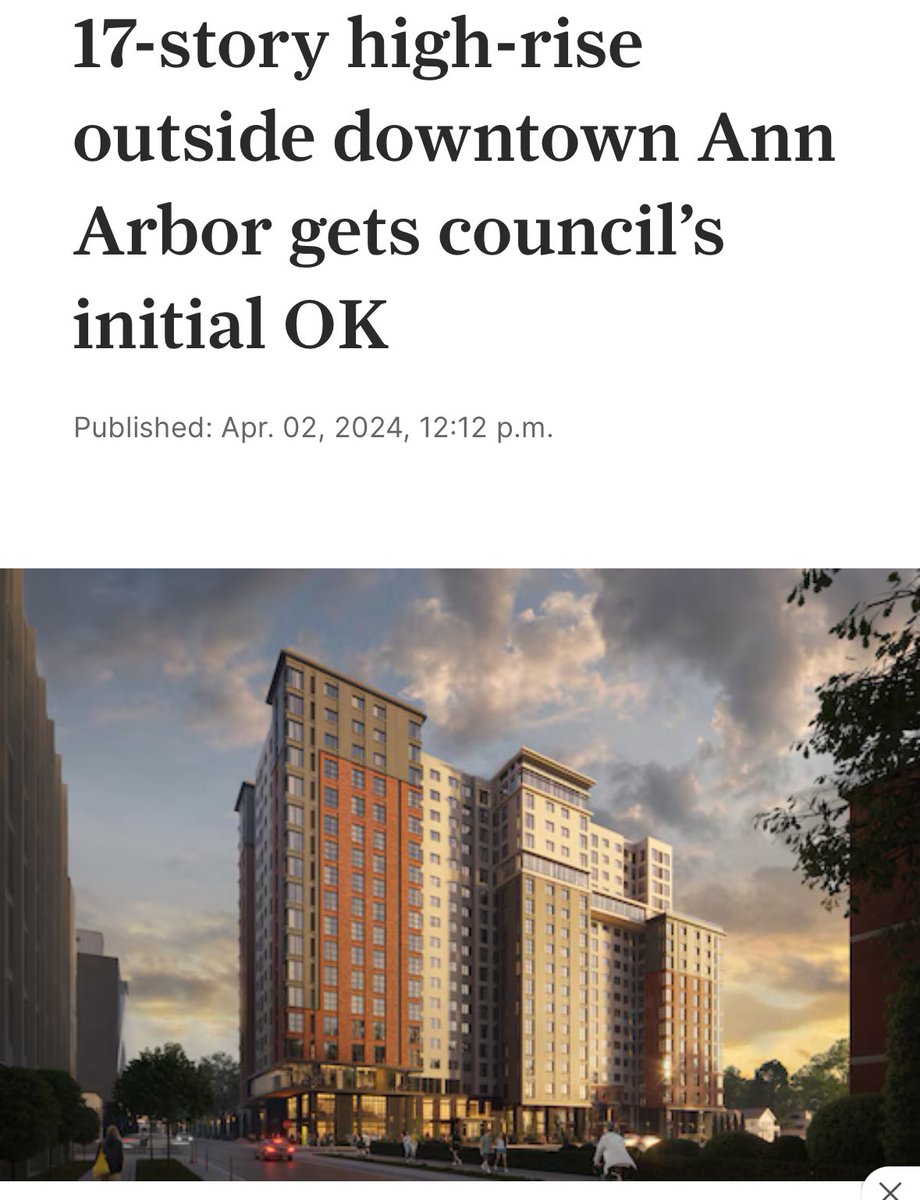 Very happy to see this pass the first stage of approval. UM students should not have to compete to pay exorbitant rent for a limited supply of poorly-maintained apartments. Modern, abundant housing is achievable, and one block from campus is the right place to start. #a2council
