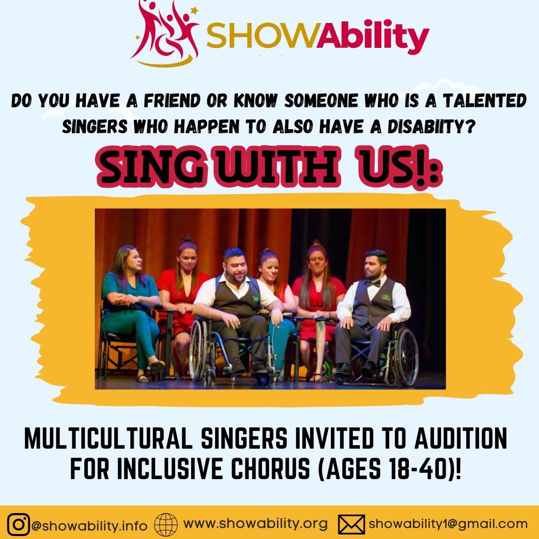 Know a talented singer with a disability? Recommend them for our inclusive chorus! Audition for multicultural voices 18-40. Join our musical family, break barriers, and make extraordinary music together. #InclusiveAuditions #EmpowerArtists