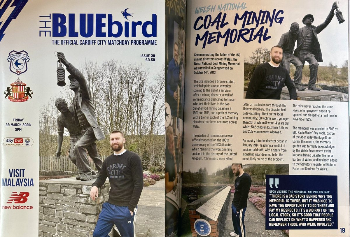 Nat Phillips from Cardiff City’s 1st Team Squad visited the National Mining Disaster Memorial Garden of Wales. This featured both inside &amp; on the front cover of last Friday’s Cardiff City Programme for their match against Sunderland AFC. Thank you Nat &amp; <a href="/CardiffCityFC/">Cardiff City FC</a>