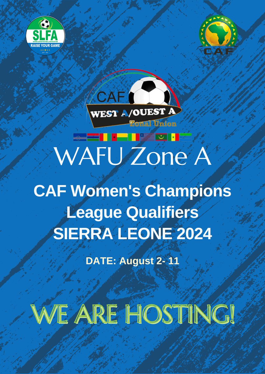 Exiting news! Sierra Leone has been selected to host the 2024 CAF Women’s Champions League Qualifiers in the @Zoneouesta. The tournament, from August 2nd to the 11th, 2024, will feature the female champion clubs from each of the nine zonal member associations. #LetsRaiseTheGame