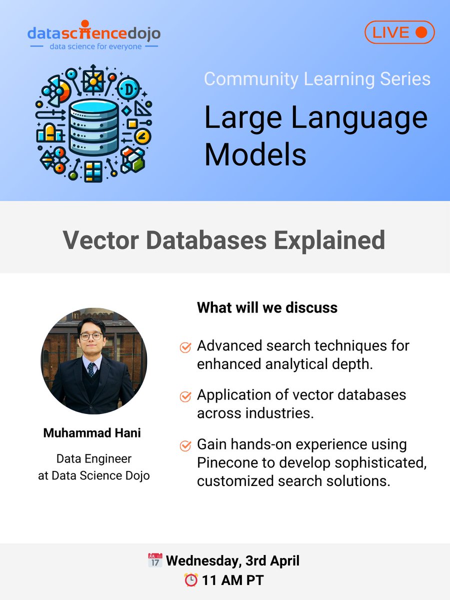 DataScienceDojo's tweet image. ⏳ Don’t forget to join us tomorrow at 11 AM PT to learn how advanced search can transform your data insights. RSVP now: hubs.la/Q02rwz4m0

#vectordatabase #embeddings #Pinecone #data #datainsights