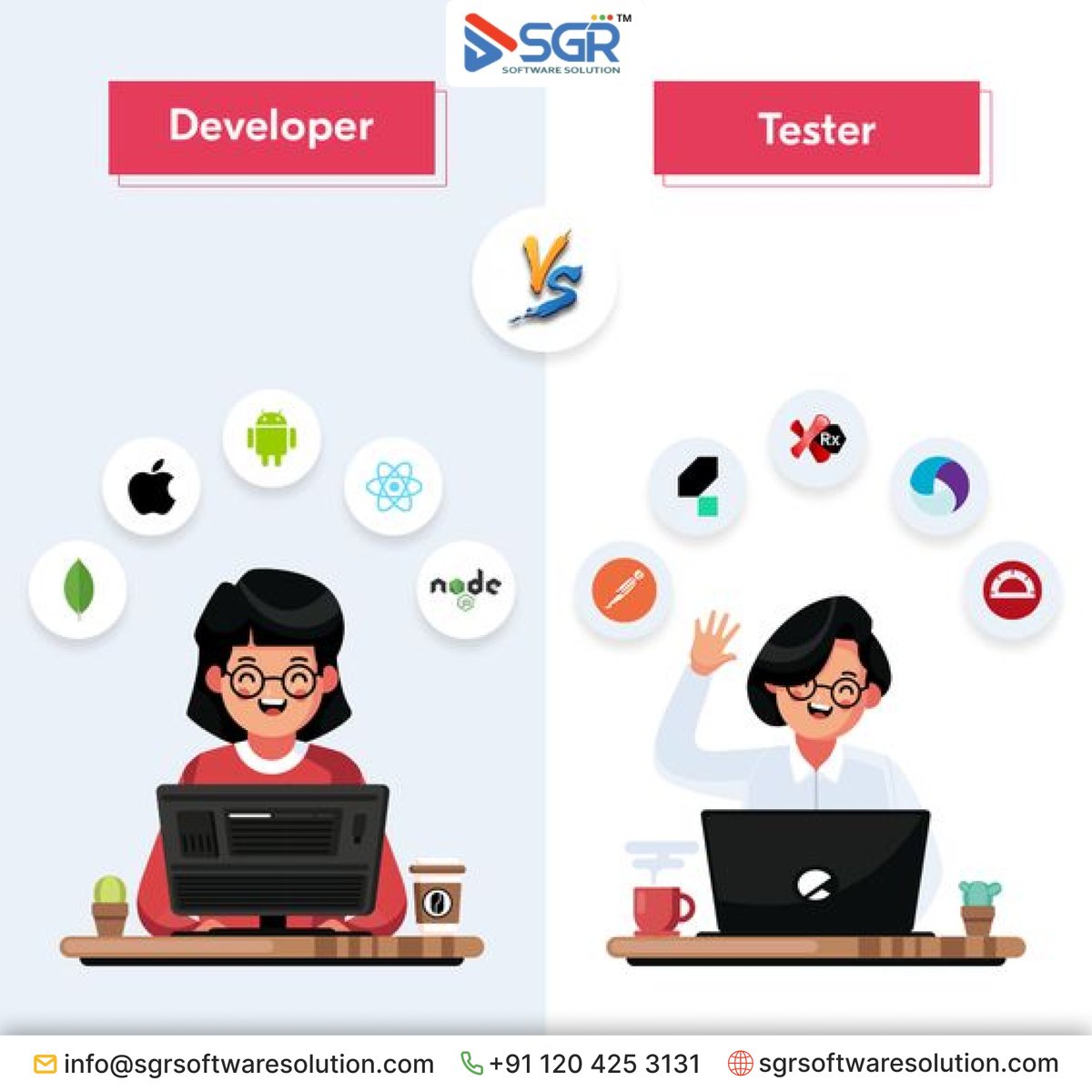 sgr_software's tweet image. Developers and testers are the dynamic duo of software development! While developers bring ideas to life, testers ensure the quality and functionality of the final product. Discover which role suits your project best and make the right choice. #DeveloperVsTester #SoftwareQuality