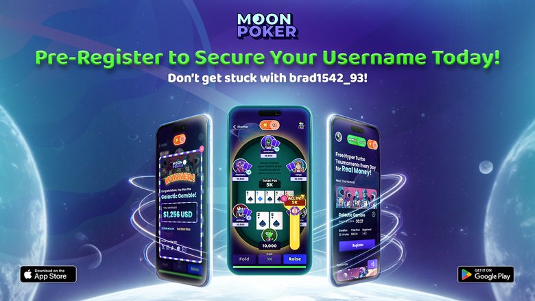 You don’t want to be stuck with a username like THAT 😫 

Make sure you pre-register now at moonpoker.com to get the username you ACTUALLY want 🚀

Get ready for the poker app where you can win FREE CASH! ✅

#MoonPoker #PokerApp #PokerEnthusiasts #OnlineGamingX #NewApp
