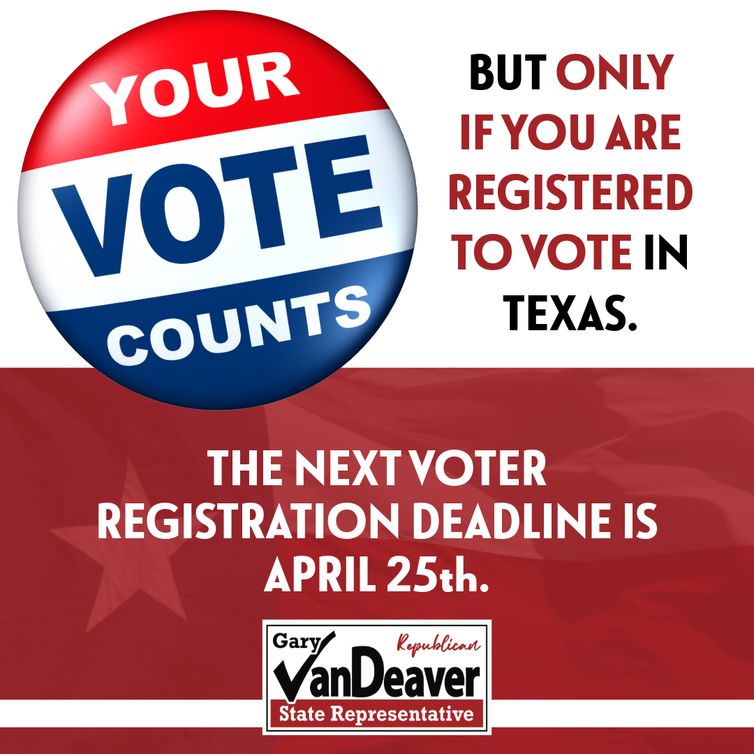 There's still time to register to vote. New voters may register or update their address with the local elections office. The deadline to register is April 25th. Don't miss your chance to vote and have your voice heard in this crucial primary runoff election. #txlege