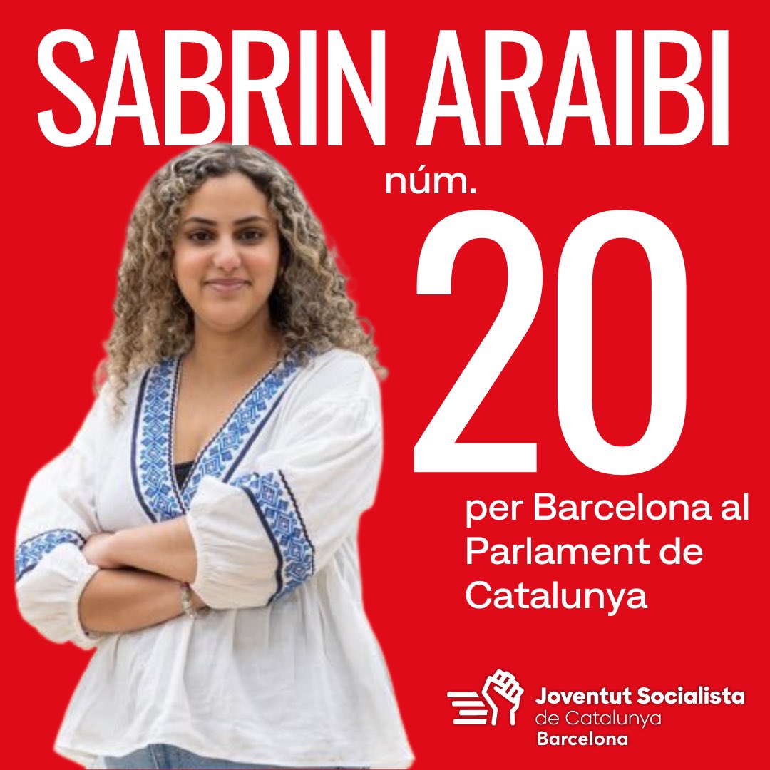 La companya @sabrinaraibi formarà part de la candidatura de @socialistes_cat al Parlament de Catalunya com a número 20 per Barcelona. La JSC Barcelona tindrà diputada jove, valenta i preparada ✨ 🚀 Enhorabona Sabrin, faràs una gran tasca i ens tindràs al teu costat!
