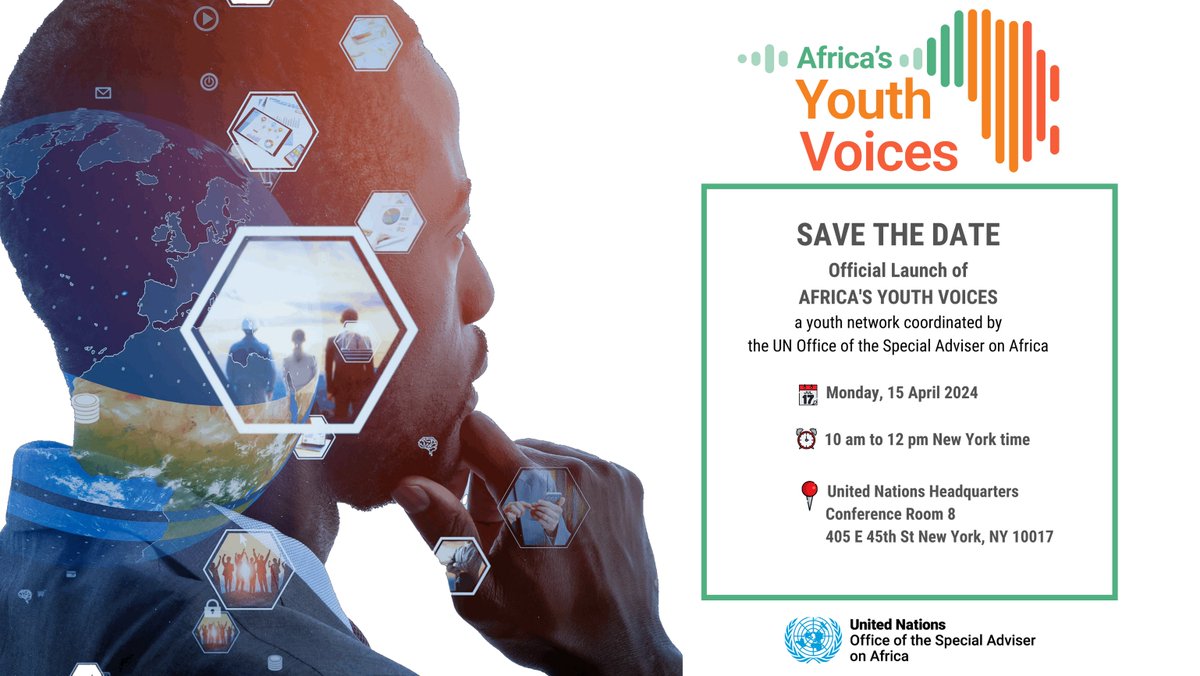 📢Calling all #Youth across #Africa & the diaspora! We're thrilled to announce the launch of Africa's Youth Voices Network by @UNOSAA1 #AYV is a network to provide young Africans with access to the multilateral stage,amplifying their voices. REGISTER: bit.ly/4aDms9X