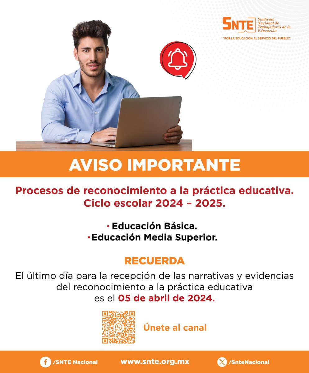 ¡Aviso Importante! 🌟
Si participas en el Proceso de Reconocimiento a la Práctica Educativa Ciclo escolar 2024-2025 📚
✔️Educación Básica 🏫
✔️Educación Media Superior 🎓
El último día de recepción de narrativas y evidencias es el próximo #5deAbril 🗓️