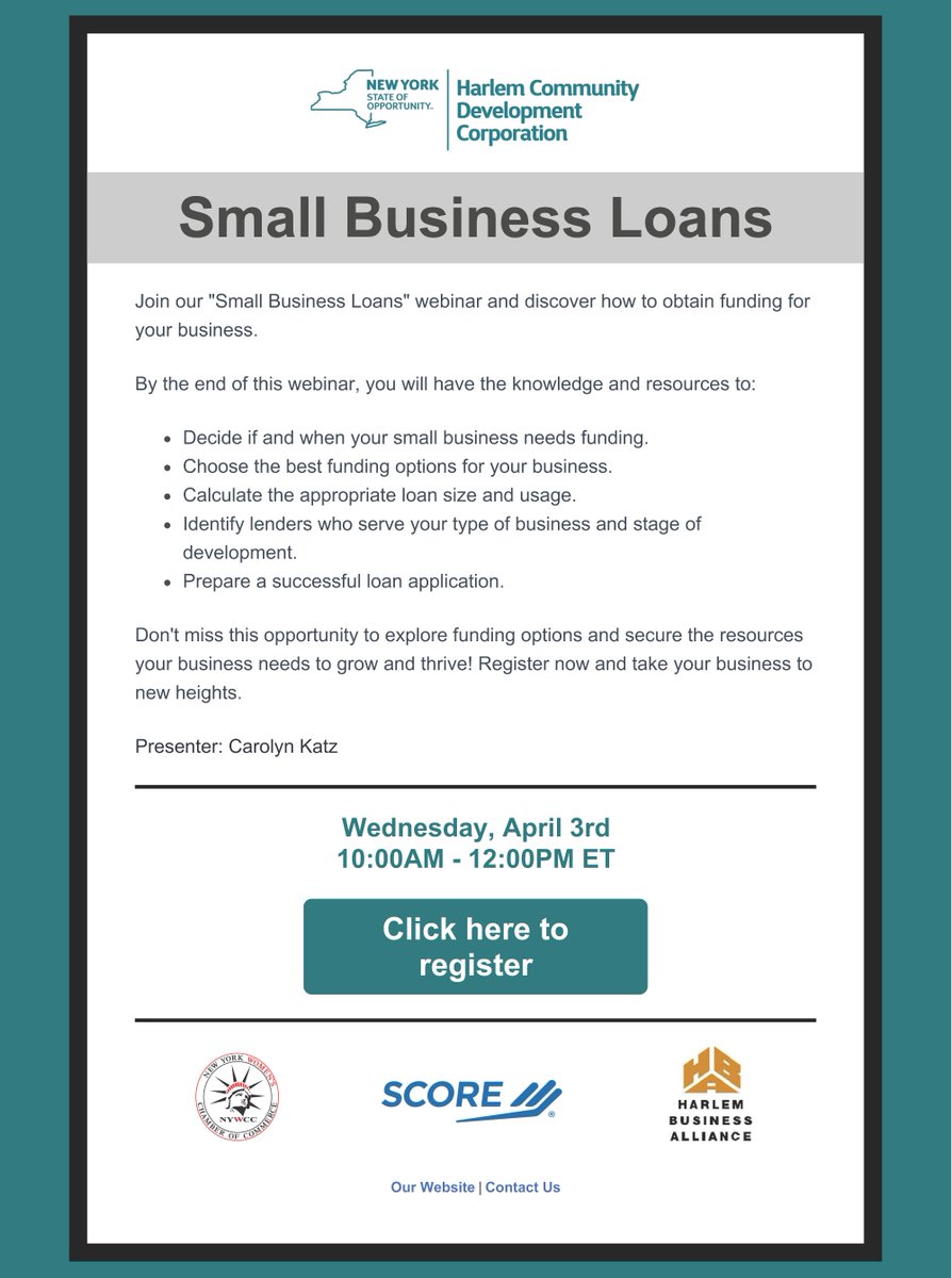 Join us & our partners at @HarlemCDCorp & @SCOREMentors for this free workshop! 'Small Business Loans', tomorrow at 10am on ZOOM. Don't miss this opportunity to explore funding options and secure the resources your business needs to grow! RSVP: bit.ly/hcdc_bizloan