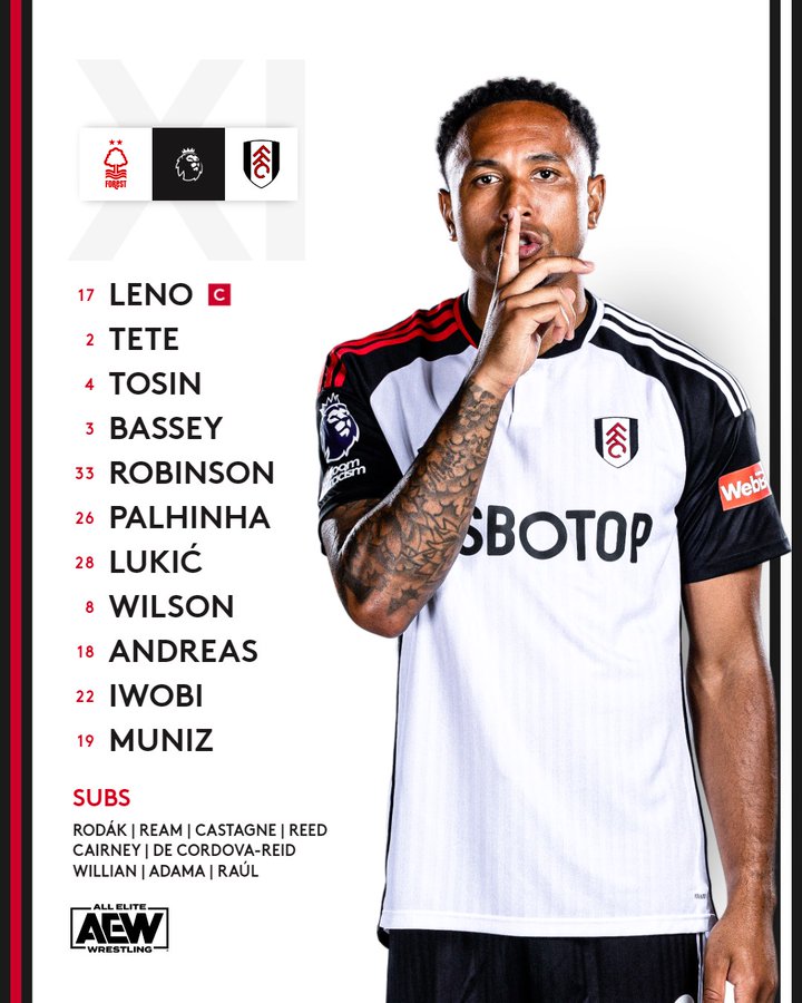 Fulham's lineup against Nottingham Forest: Leno, Tete, Tosin, Bassey, Robinson, Palhinha, Lukic, Wilson, Andreas, Iwobi, Muniz