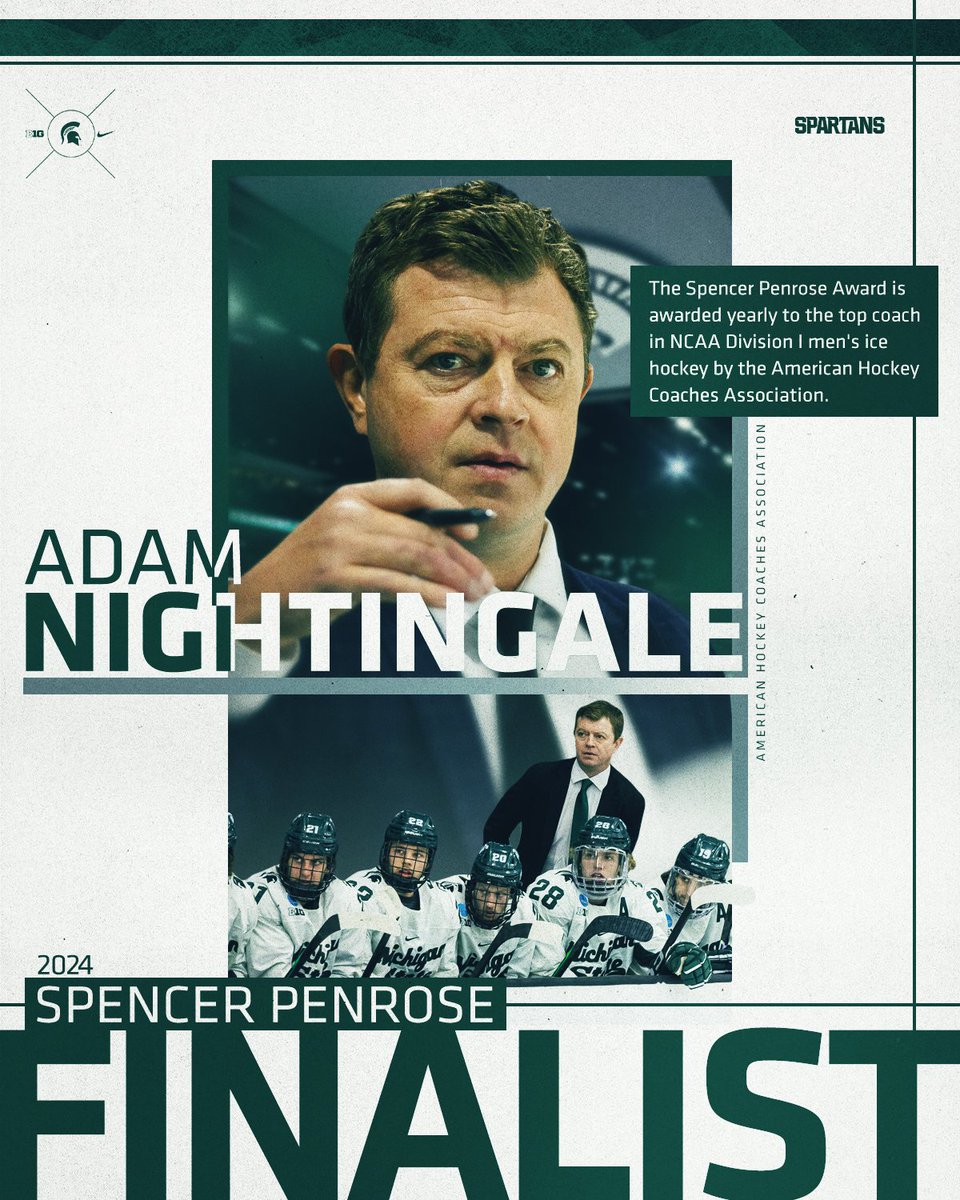 MSU_Hockey's tweet photo. Adam Nightingale is a finalist for the Spencer Penrose Award - the National Coach of the Year.  

#GoGreen https://t.co/aAGZOCgGh4