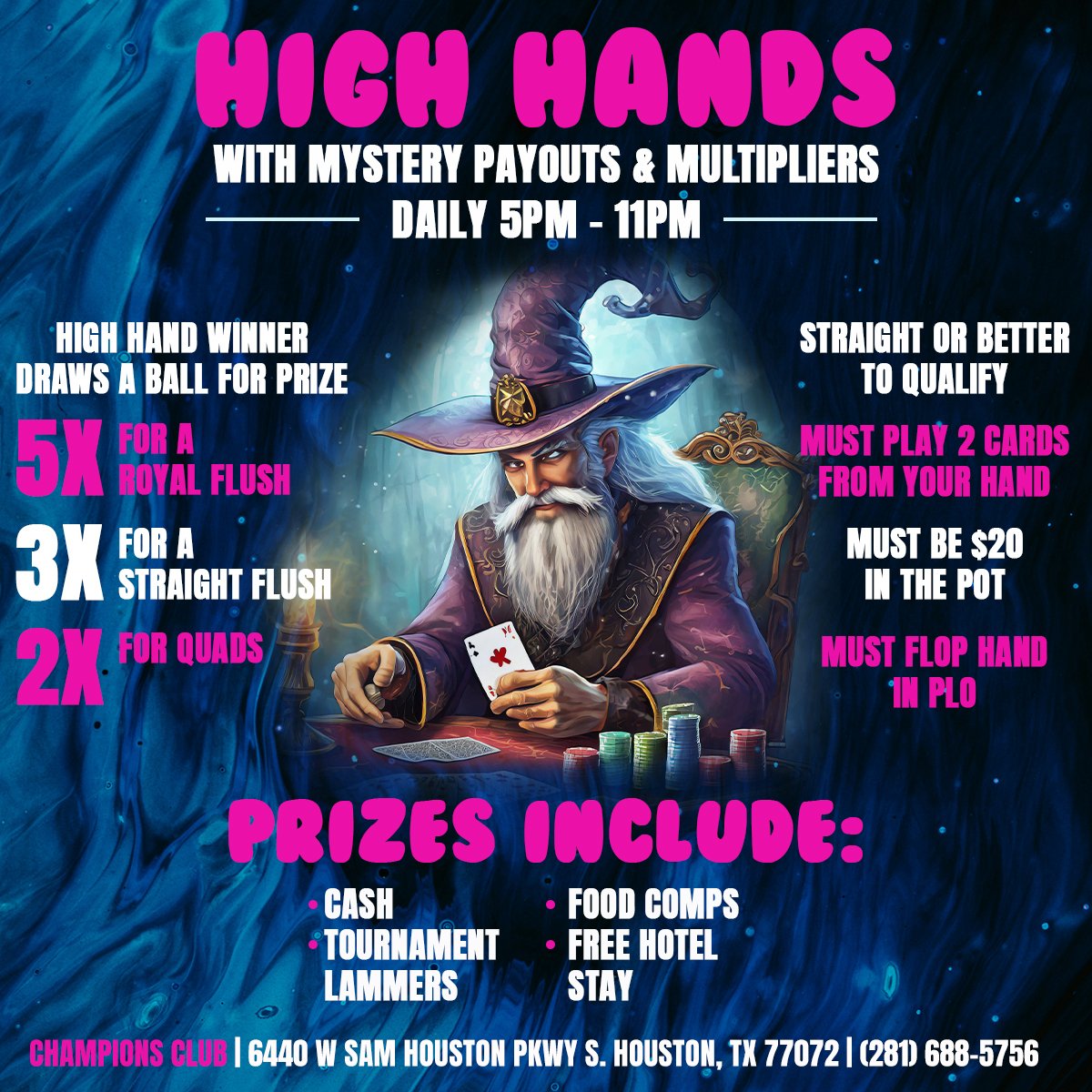 ChampionsClubTX's tweet image. Check out our NEW promotions for the month of April at @championsclubtx!

- DAILY MYSTERY HIGH HAND PAYOUTS from 5 - 11 PM for cash, food, tournament lammers and hotel stay! BONUS multipliers for quads or better!

- $200 Morning High Hands from 9 AM to Noon

- Play 8 hours within…