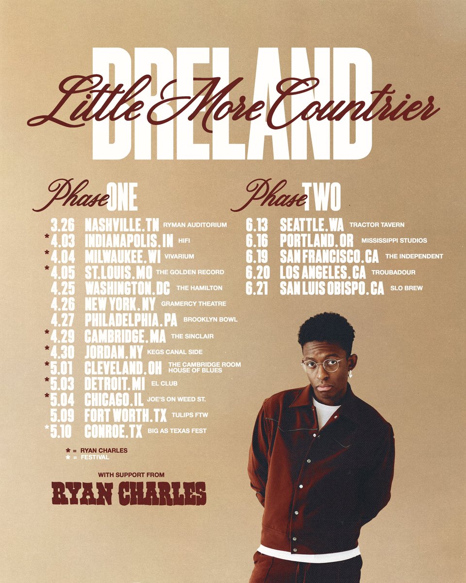 New dates on the west coast for Phase Two of the Little More Countrier Tour are live now! 🤠 So excited to hit the road this week and party with y’all 🙏🏾. Grab those tickets: brelandmusic.com/tour