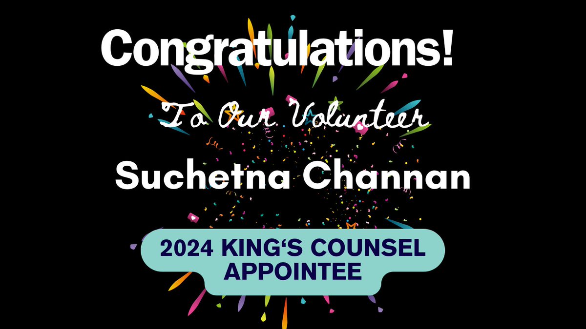 Congratulations to our volunteer, Suchetna Channan, on being a 2024 King's Counsel Appointee! #probonolaw #volunteerlawyer #legalsupport #givingback