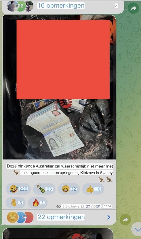 In de Israëlische Telegramgroep ‘terroristen van een andere hoek’ (125k leden), waarin snuff video’s uit de oorlog worden gepost, wordt enthousiast gereageerd op de dood van de WCK-hulpverleners. [Beelden geblurd]