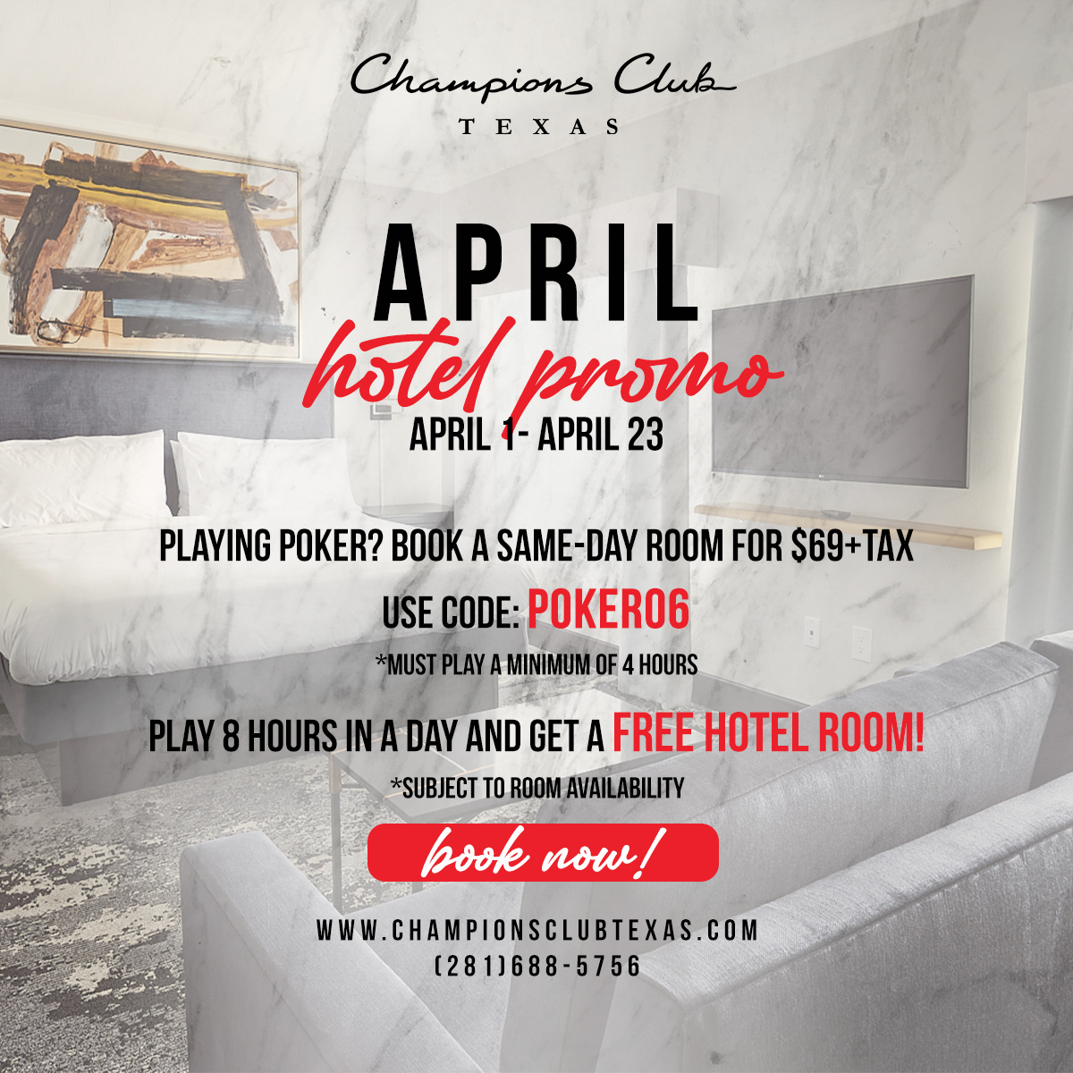 ChampionsClubTX's tweet image. Check out our NEW promotions for the month of April at @championsclubtx!

- DAILY MYSTERY HIGH HAND PAYOUTS from 5 - 11 PM for cash, food, tournament lammers and hotel stay! BONUS multipliers for quads or better!

- $200 Morning High Hands from 9 AM to Noon

- Play 8 hours within…