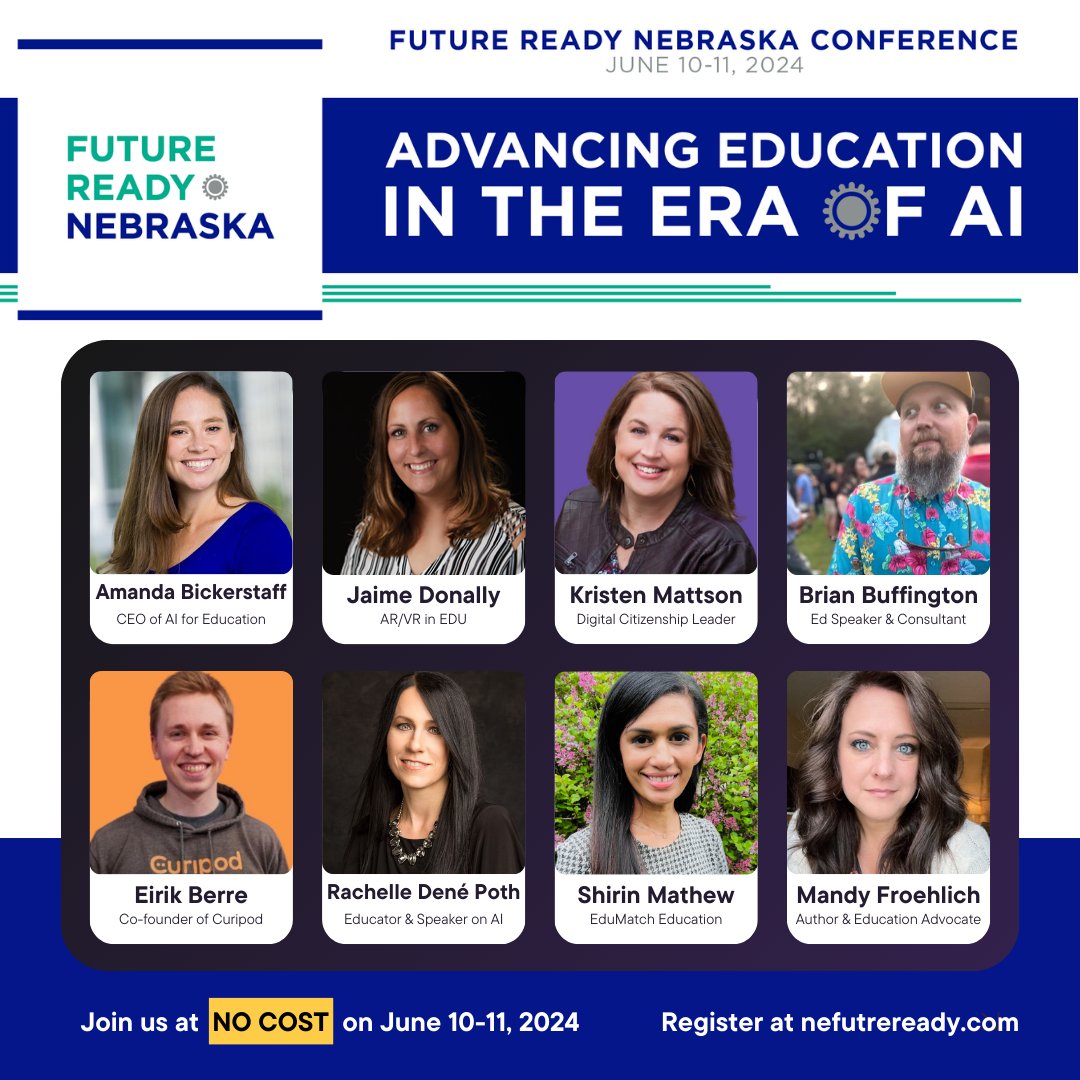 🤯WOW, WHAT A LINEUP for the #FutureReady Nebraska Conference🎉! We're all in on #AI for #education this year & registration is FREE to EDUCATORS from ANYWHERE (virtual & in-person). It's about time you registered ➡️nefutureready.com⬅️ #ESUCC #teachers #edtech #Nebraska