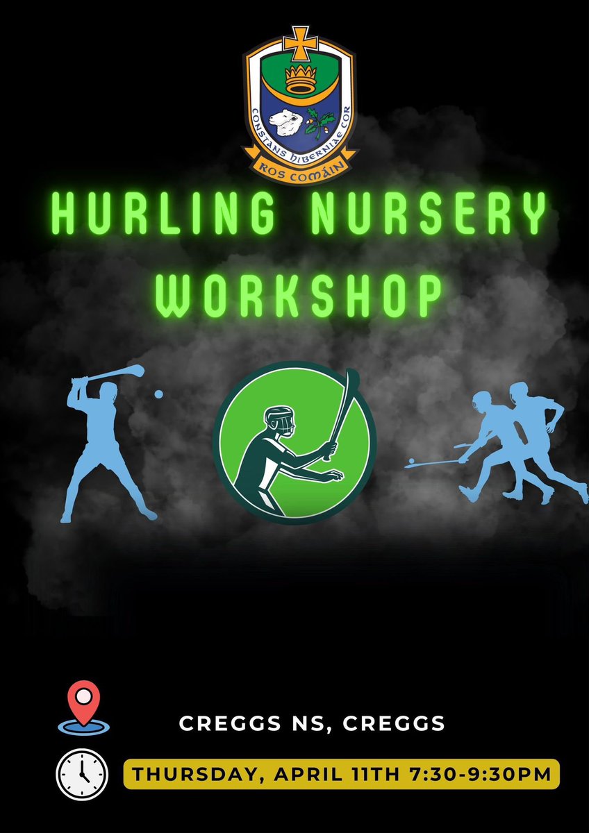 We are delighted to host a hurling nursery workshop next week! Calling hurling coaches from all of our clubs to Creggs NS on Thursday 11th April at 7.30pm See you there! 💛💙💛💙 #rosgaa