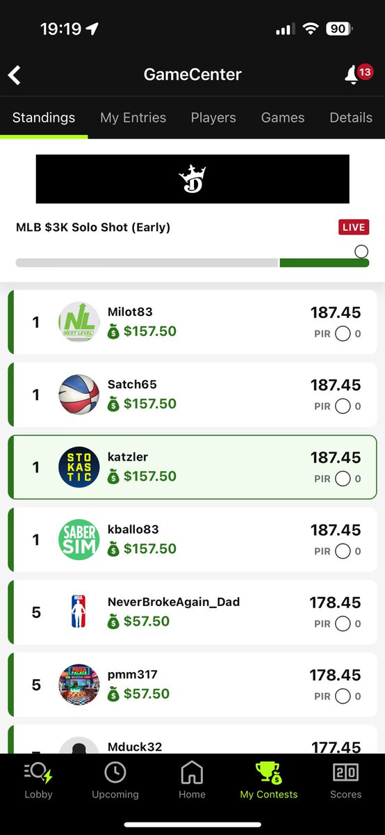 katzler23's tweet photo. First time coming out on top in MLB thanks to all the advice and content by @loughy @JoshEngleman @StokasticHOF 🙏🙏🙏 https://t.co/c8wh8cudl9