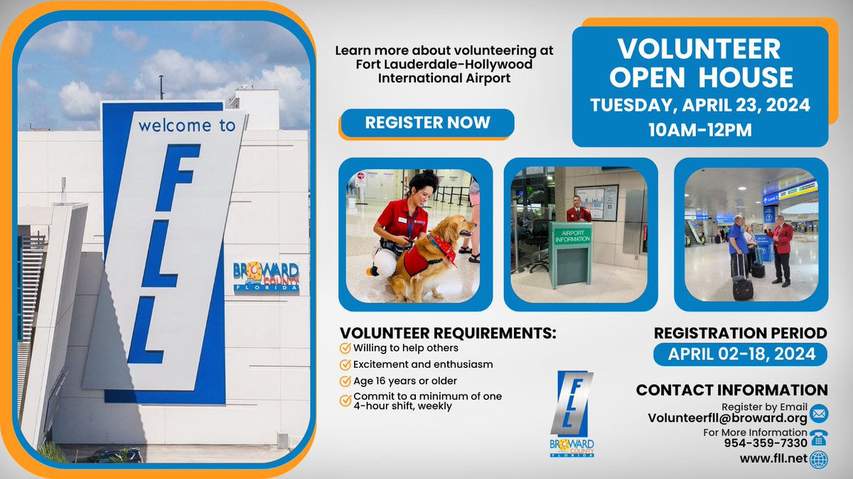 Exciting opportunity alert! Want to learn more about volunteering at FLL Airport? Join us on Tuesday, April 23, for an open house event! Register now at Volunteerfll@broward.org #FLLAirport #VolunteerOpportunity #FLLAmbassadors #FLLAmbassdogs