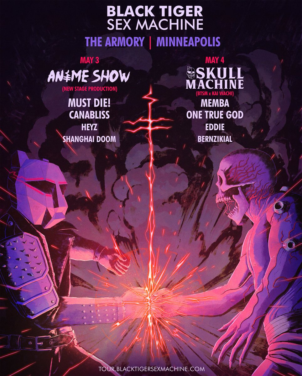 Our full Minneapolis support lineups are here! We are going ALL out for both nights. We’re bringing the two towers production for the Anime Show on night 1 (only a few cities this year will get this prod) and the Skull Machine stage design on night 2 😤🔥