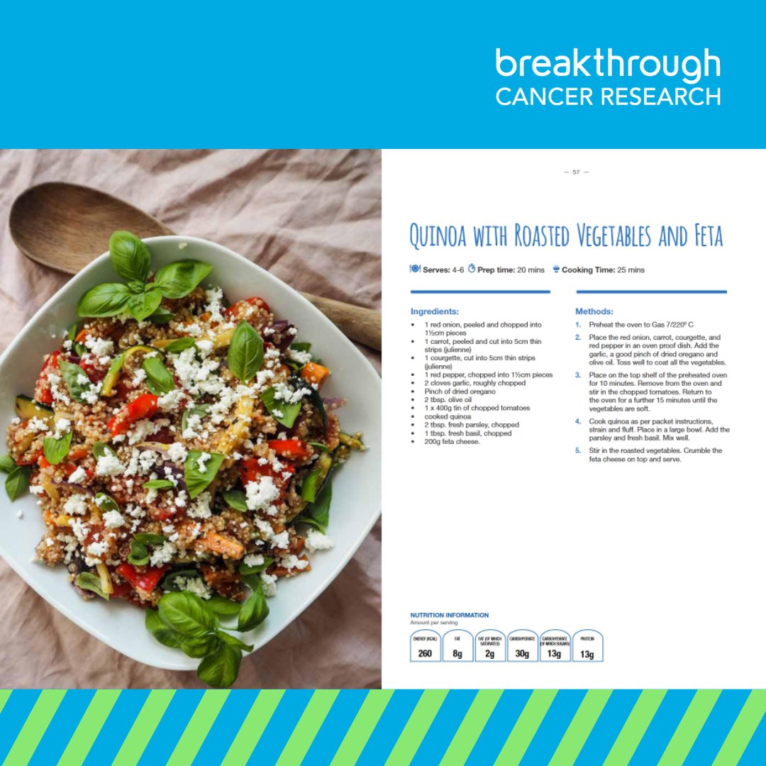 Looking for some mid-week meal inspiration that is sure to be a hit? Quinoa with Roasted Vegetables and Feta! Check out our cookbooks for more easy-to-follow and tasty recipes, free here: breakthroughcancerresearch.ie/healthy-eating… #BreakthroughCancerResearch #CancerResearch #Nutrition