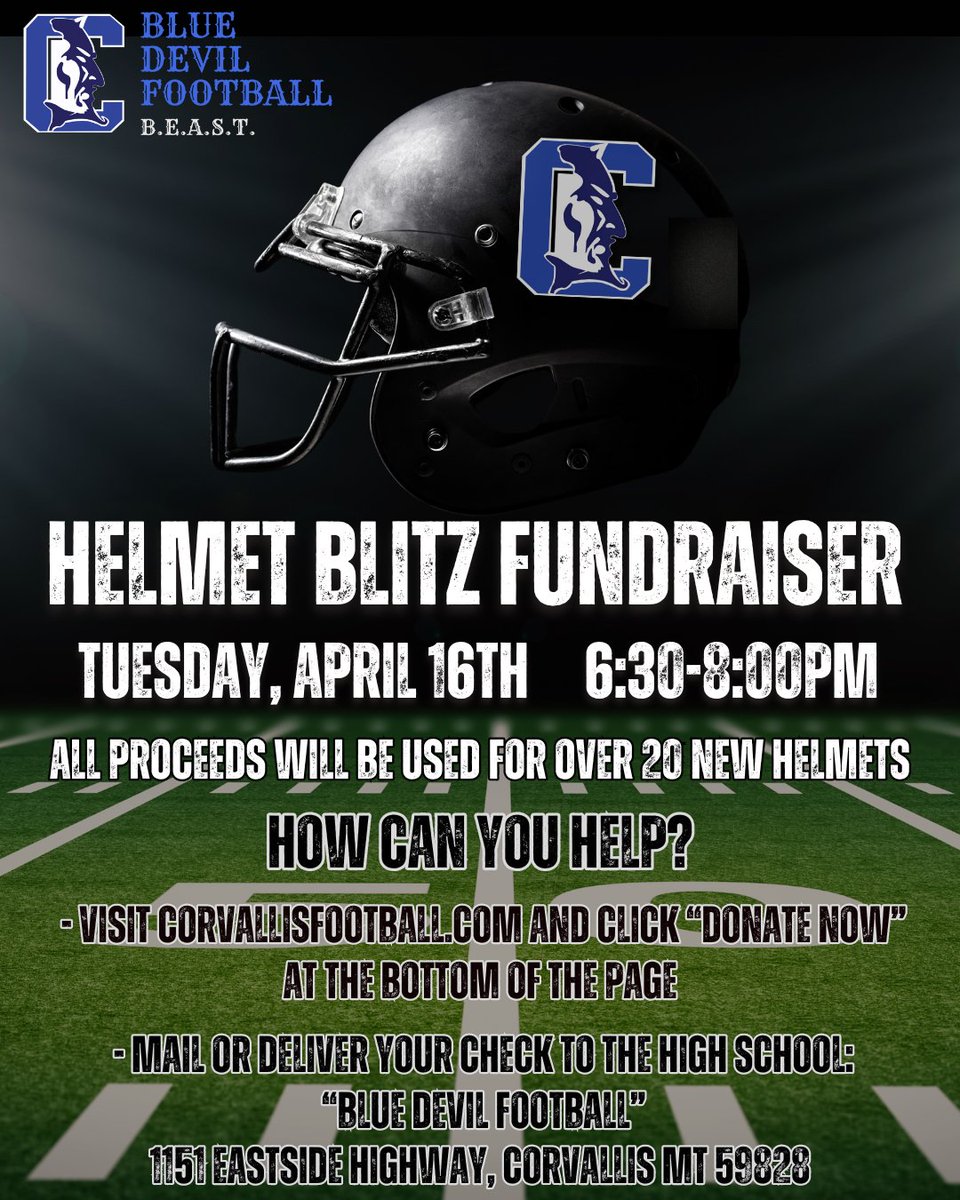 Blue Devil Football is looking to update their Helmet Inventory and needs your help! Expect players to be reaching out to their families and community on April 16th, so if you would like to contribute please go to corvallisfootball.com to donate now! 🏈