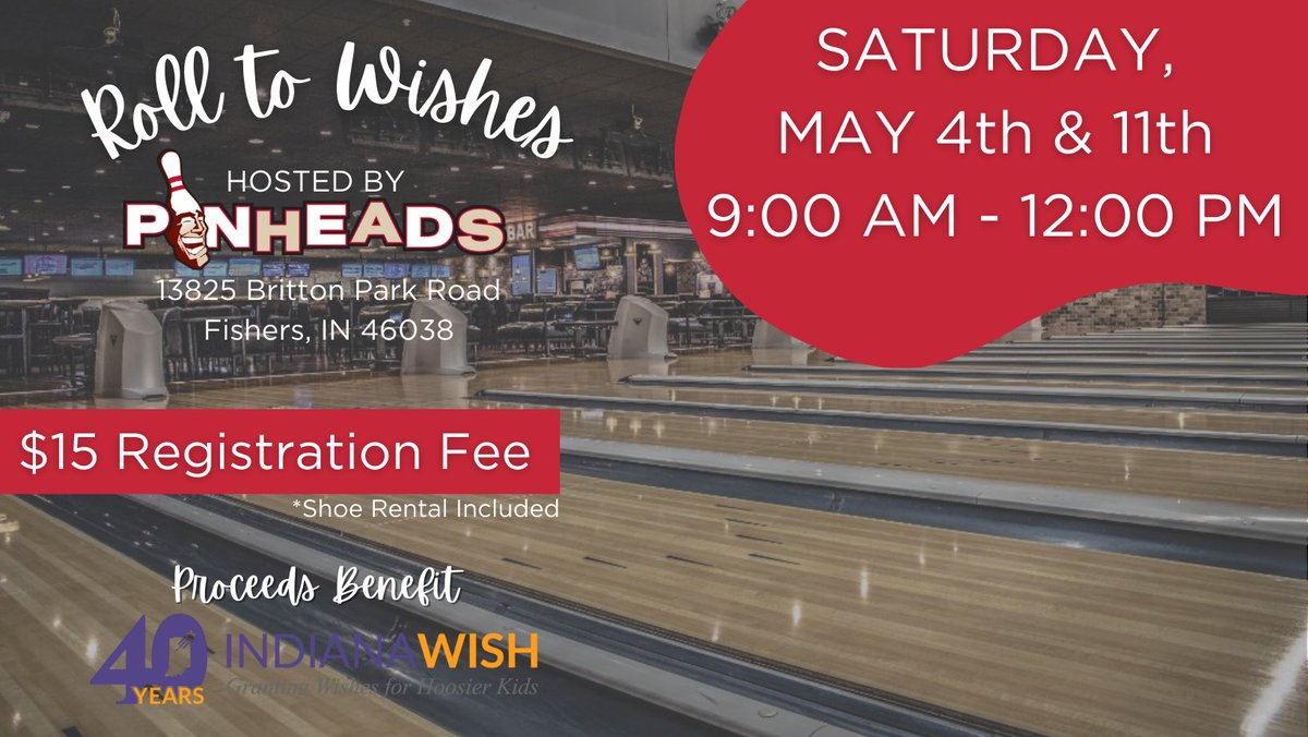 Rolling out an exciting opportunity to celebrate 40 years of Indiana Wish!✨🎳 Join us at @PinheadsFishers for a special two-part Bowl-a-Thon event on Saturday, May 4th & Saturday, May 11th! Ready to roll for wishes? Register at bit.ly/RollToWishes! #IndianaWish40