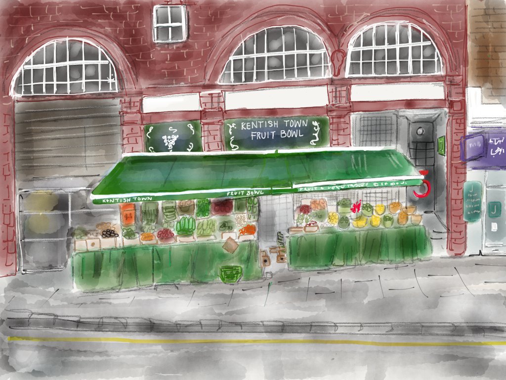 News from the high street. Today's pic is of the reopened & v. welcome fruit & veg stall by KT station. I've painted it several times over the past 10 years. It's looking good. @kentishtowner @KentishTownNF @NewJournal