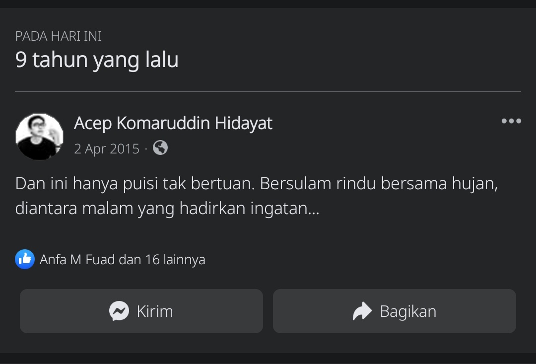 Dan ini hanya puisi tak bertuan. Bersulam rindu bersama hujan, diantara malam yang hadirkan ingatan. "Dan seringnya kau hadir salam impian".