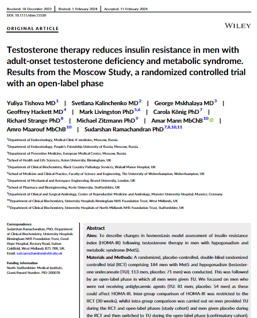 Testosterone replacement can improve insulin resistance and metabolic syndrome. …ubs.pericles-prod.literatumonline.com/doi/10.1111/do…