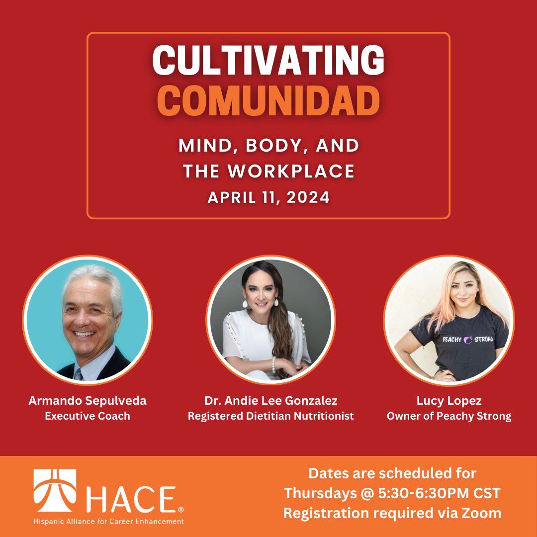 Join the HACE Familia for a new virtual event series: Cultivating Comunidad!
In this session you will learn how to implement practical stress management strategies and easy-to-follow exercises when at work.
➡️Register here: hubs.la/Q02rd8H50