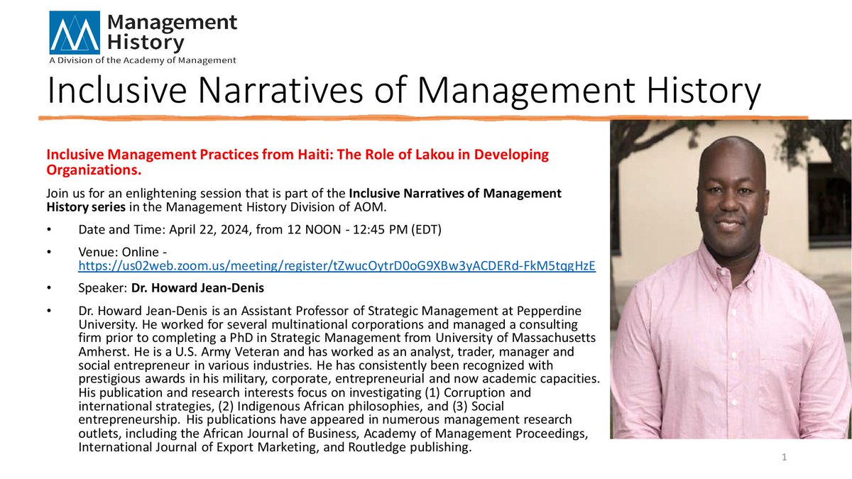 Leon C. Prieto, PhD (@leoncprieto) on Twitter photo Inclusive Narratives of #ManagementHistory
Dr. <a href="/HJeandenis/">Howard Jeandenis</a>: "Inclusive Management Practices from Haiti: The Role of Lakou in Developing Organizations."
April 22, 2024, 12 NOON -12:45 AM (EDT)
Online via Zoom: us02web.zoom.us/meeting/regist…
#managementhistory #Haiti Inclusive Narratives of #ManagementHistory
Dr. <a href="/HJeandenis/">Howard Jeandenis</a>: "Inclusive Management Practices from Haiti: The Role of Lakou in Developing Organizations."
April 22, 2024, 12 NOON -12:45 AM (EDT)
Online via Zoom: us02web.zoom.us/meeting/regist…
#managementhistory #Haiti
