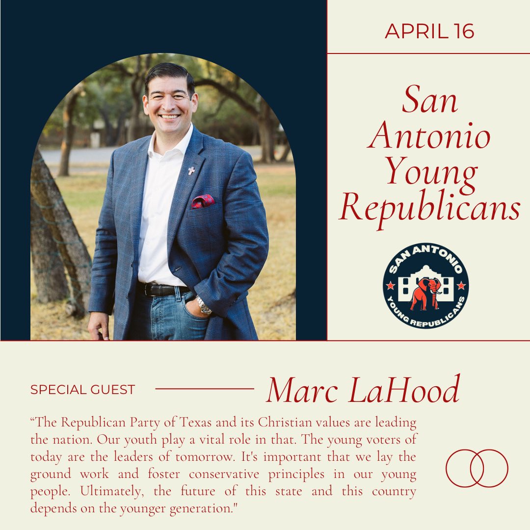 🗣️📣 JUST IN! Marc LaHood will be speaking at SAYR April meeting! Marc is running for House District 121. This event is open to the public. SAYR believes everyone should have the opportunity to hear from those that want to represent us. @YRsOfTexas @TexasGOP @BexarGOP