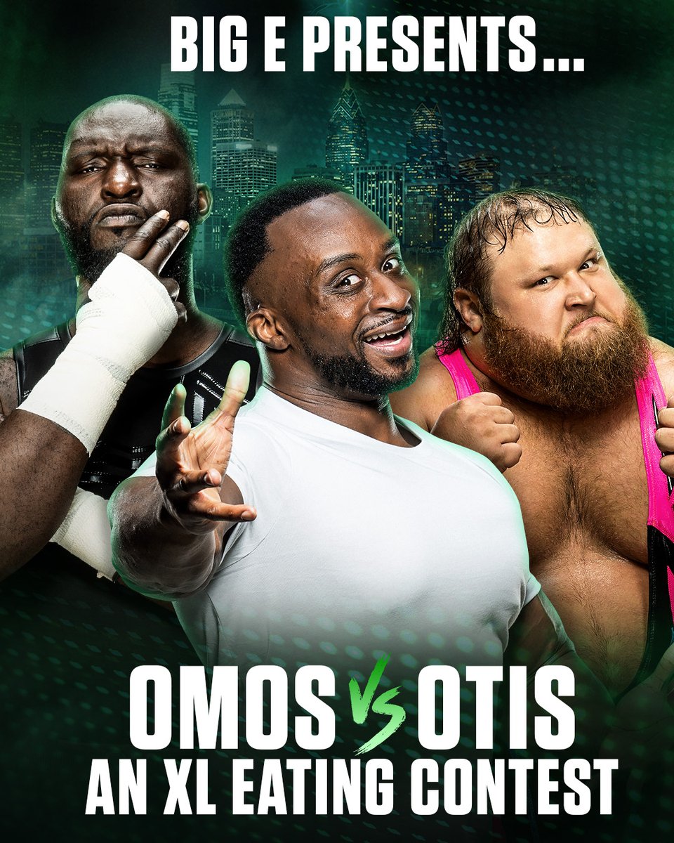 Streaming LIVE today at 4:30 pm ET! @TheGiantOmos vs. @otiswwe in the BIG EATS Philly Cheesesteak and Pizza Eating Contest hosted by @WWEBigE! In Philadelphia? Head over to Angelo’s Pizzeria this afternoon to cheer on your favorite in this #WrestleMania XL-sized competition!