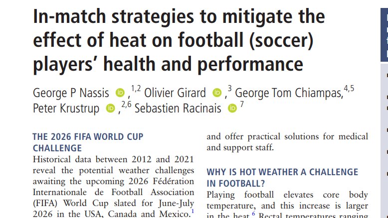 Strategies to mitigate the effect of heat on ⚽️ players' health and performance #soccer #football Pre-match ☑️Acclimatization ☑️Hydration At half-time ☑️CWI ☑️Hydration ☑️Ice towels application At 3-min cooling breaks ☑️Hydration ☑️Ice towels application bjsm.bmj.com/content/early/…