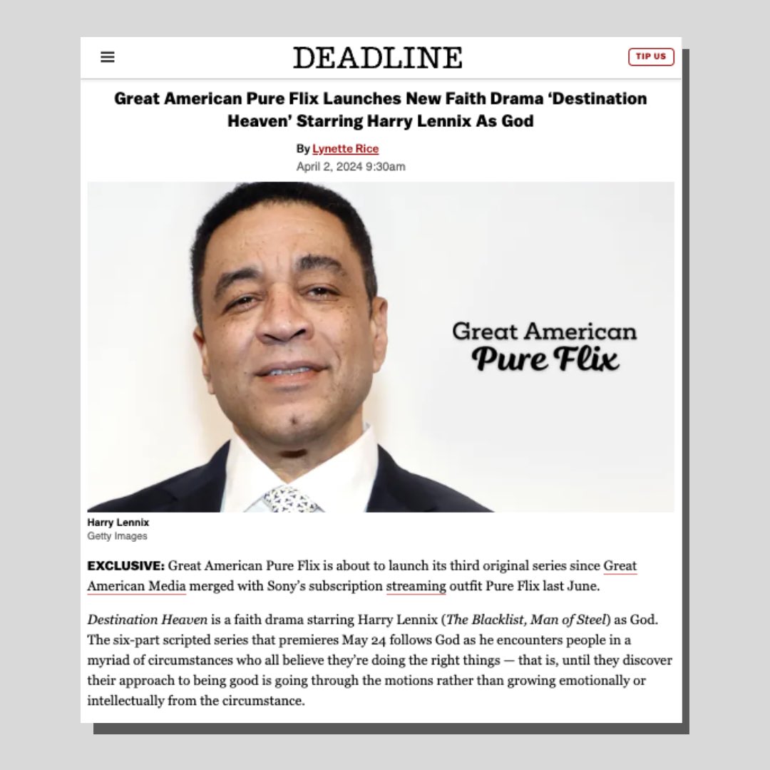 🚨 NEW ORIGINAL SERIES! 🚨 

We're so excited to announce "Destination Heaven" — a faith-focused original series starring <a href="/HarryJLennix/">Harry J. Lennix</a> — coming May 24th to Great American Pure Flix!

Read more: deadline.com/2024/04/great-…