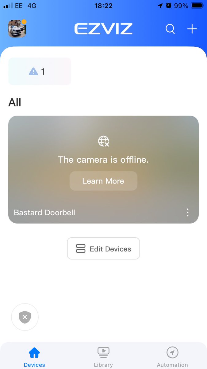 derek_north's tweet photo. @ezviz_uk_ie default status for our Ezviz doorbell camera. Hopeless if you happen to be away when this happens (which is often) And if a huge faff to reset if you are home. Hard to recommend. https://t.co/9v1mKKMP7J